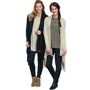 Mud Pie Cardigan Sweater‎ S/M Black Fringe Tassel Knit Open Front Duster